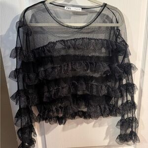 Zara Black Ruffle Sheer Blouse